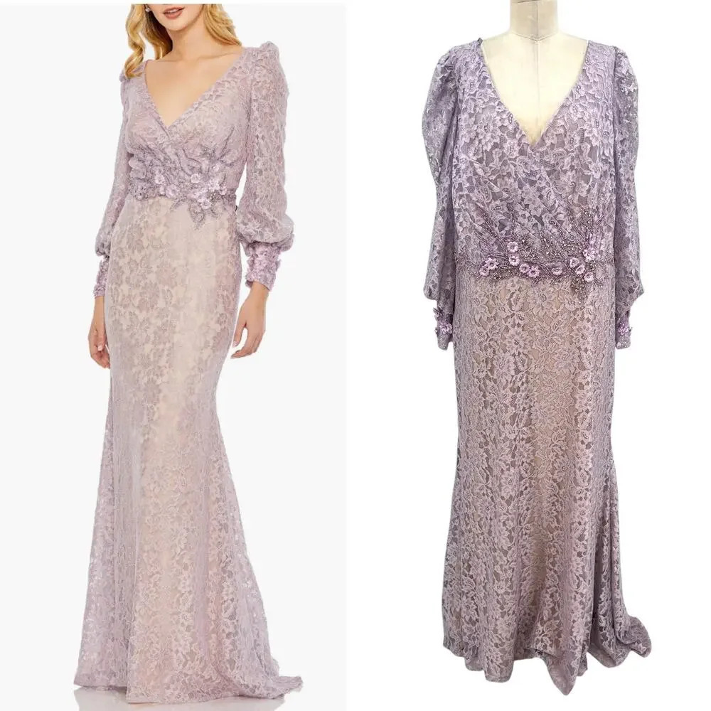 Mac Duggal Beaded Detail Lace Long Sleeve Gown Vintage Lilac Size 18
